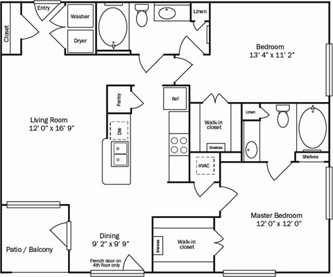 Floor plan for 2 beds, 2 baths, 1111 sqft